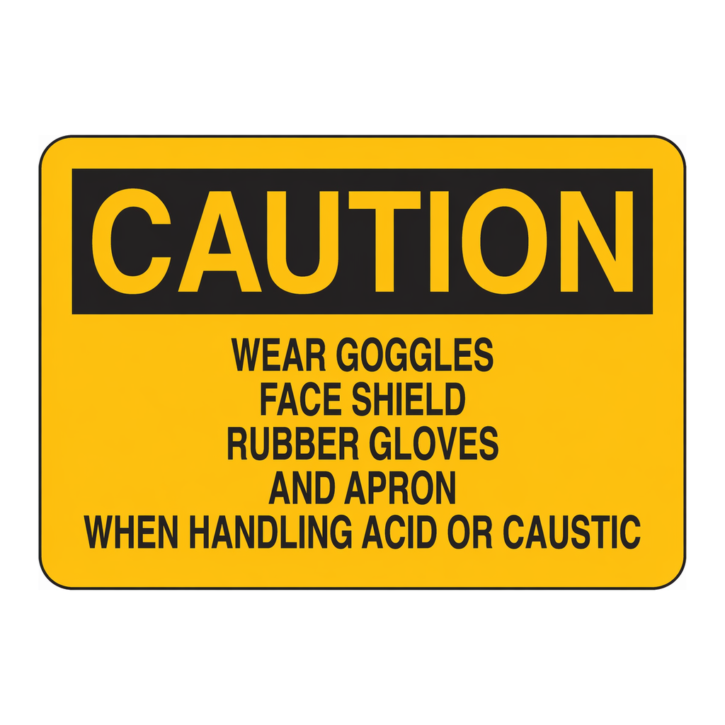 Brady CAUTION Wear Goggles Face Shield Rubber Gloves And Apron When Handling Acid Or Caustic Sign