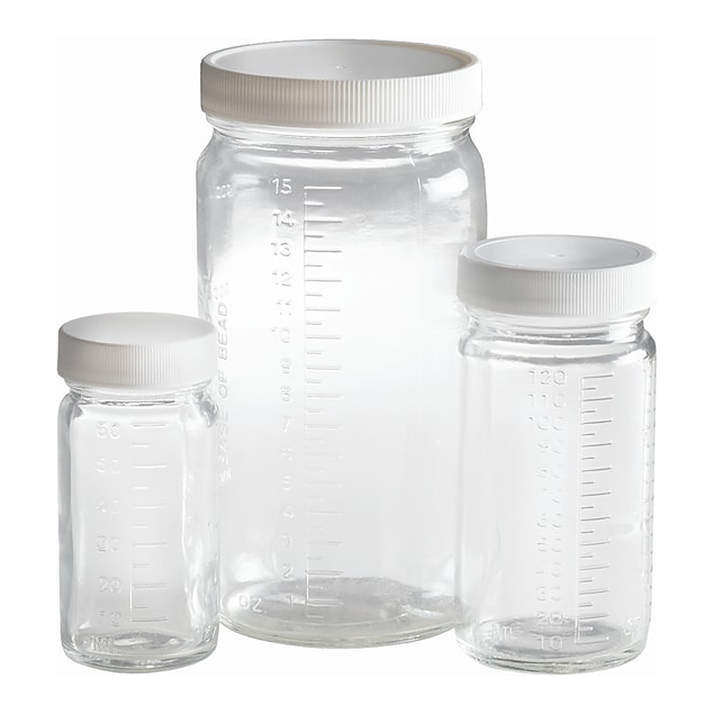 Thermo Fisher Scientific Graduated Glass Bottle Beakers with White Polypropylene Pulp/Vinyl Cap