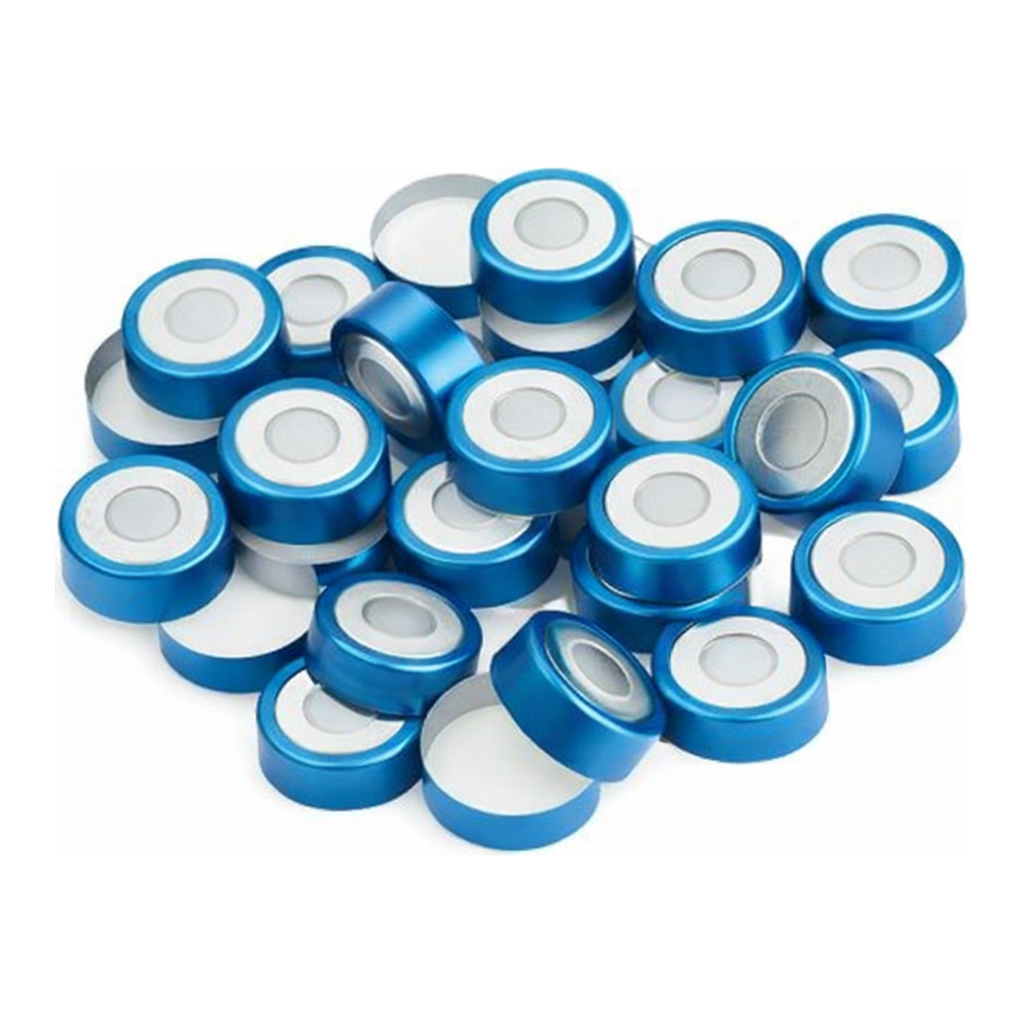 Restek 20mm Magnetic Crimp Cap, Blue Bi-Metal, 3mm PTFE/Silicone Septum w/8mm Hole, 1000-pk