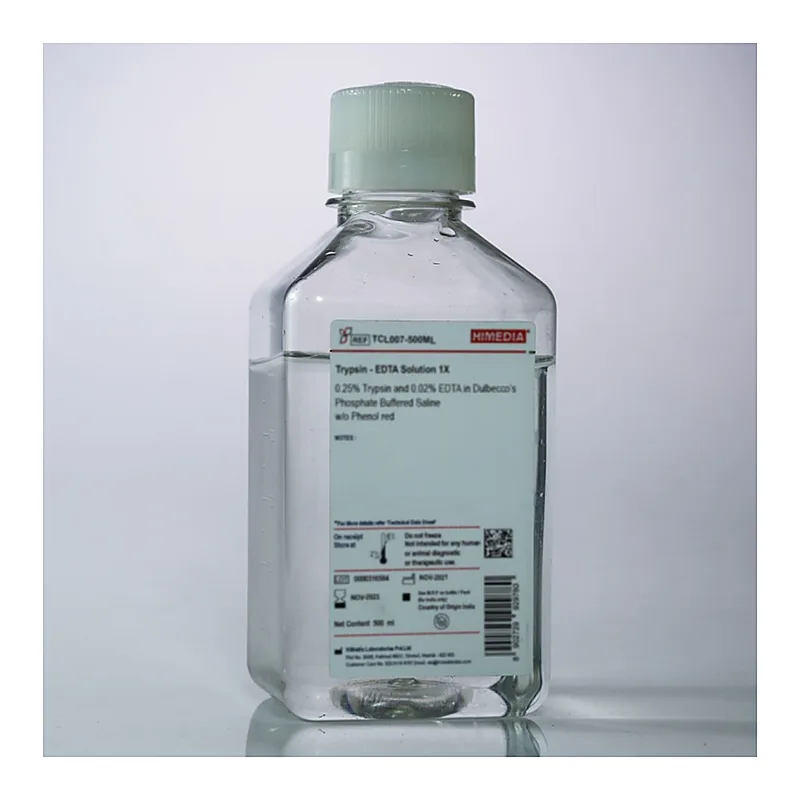 Himedia Trypsin - EDTA Solution 1X 0.25% Trypsin and 0.02% EDTA in 0.8% normal saline w/ 0.4 g/L Potassium chloride, 1.0g/L Glucose, 0.35 g/L Sodium bicarbonate and 0.01 g/L Phenol red