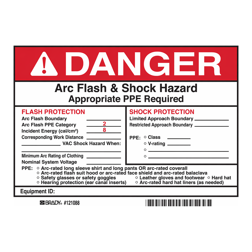 Brady DANGER Flash Protection Arc Flash Boundary Arc Flash PPE Category 2 Labels