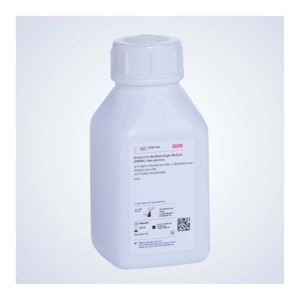 Himedia Dulbecco`s Modified Eagle Medium (DMEM), High glucose w/ 4.5gms Glucose per litre and L-Glutamine w/o Sodium pyruvate, Sodium phosphate and Sodium bicarbonate