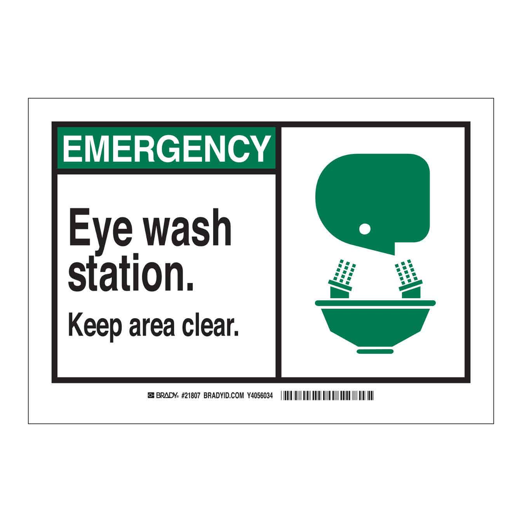 Brady EMERGENCY Eye Wash Station. Keep Area Clear. Sign