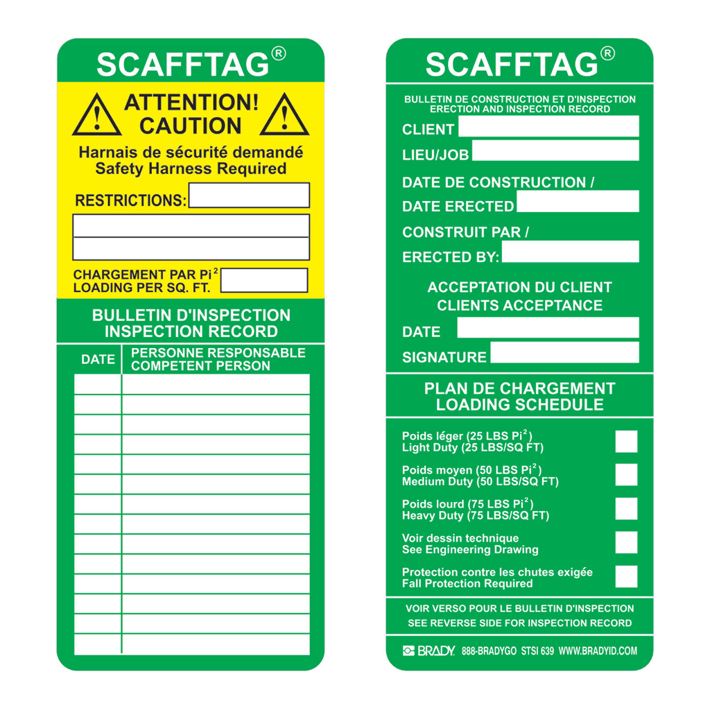 Brady SCAFFTAG Inserts: SCAFFTAG: BULLETIN DE CONSTRUCTION ET D'INSPECTION ERECTION AND INSP…