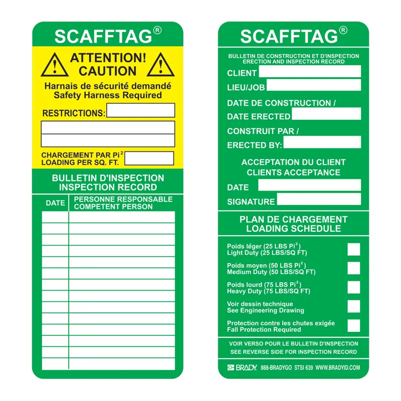 Brady SCAFFTAG Inserts: SCAFFTAG: BULLETIN DE CONSTRUCTION ET D'INSPECTION ERECTION AND INSP…