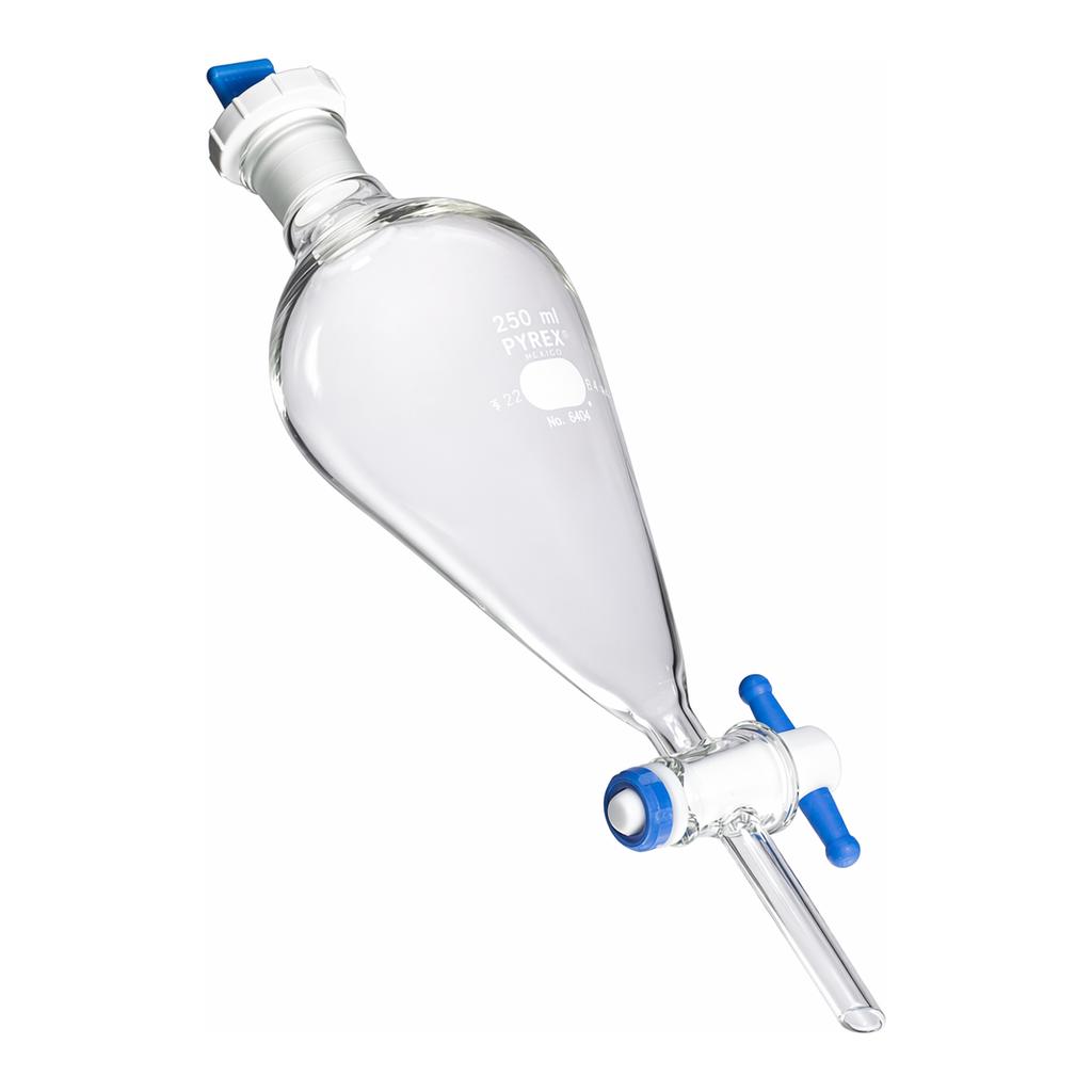 PYREX® Pear-Shaped Squibb Separatory Funnels, PTFE Product Standard Stopcock, Polyethylene Standard Taper Stopper