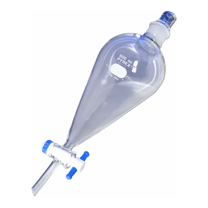 PYREX® Squibb Pear-shaped Separatory Funnels, PTFE Product Standard Stopcock, Glass Standard Taper Stopper