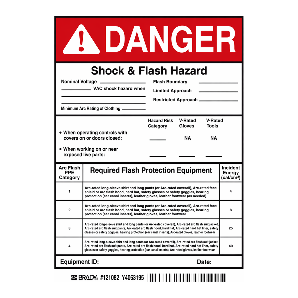 Brady DANGER Shock & Flash Hazard Nominal System Voltage Vac Shock Hazard When Labels