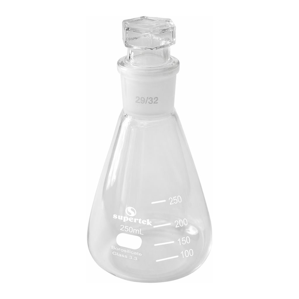 Supertek Flask, Conical (Erlenmeyer), With Ground Joint & Hollow Glass Stopper