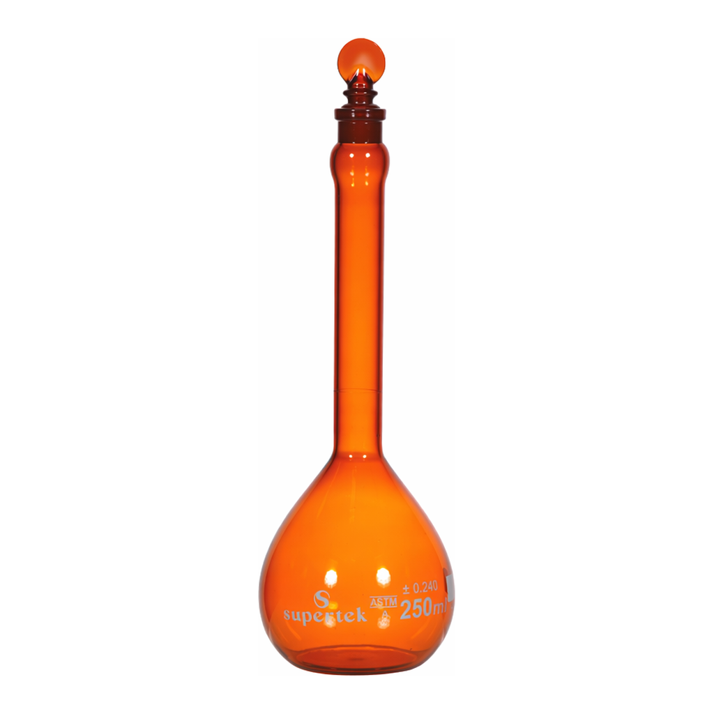 Supertek Flask, Volumetric, Amber Glass, With Penny Head Glass Stopper, Class A (ASTM)