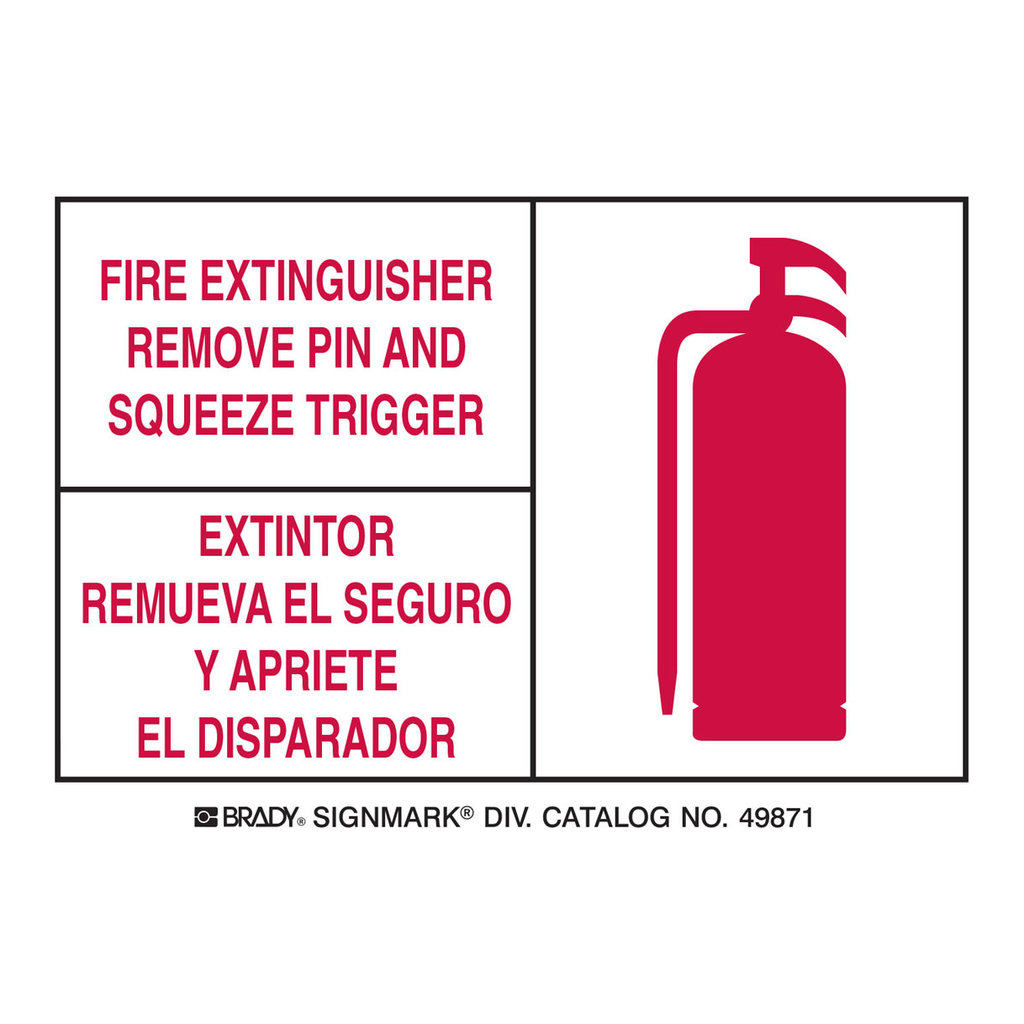 Brady Bilingual Fire Extinguisher Remove Pin and Squeeze Trigger Labels