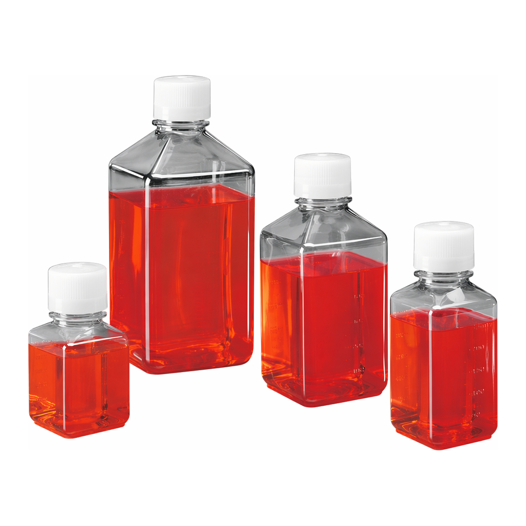 Nalgene Square PET Media Bottles with Closure: Sterile, Shrink-Wrapped Trays