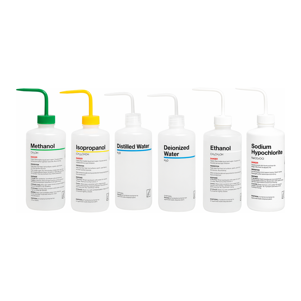 Nalgene Right-to-Understand Safety Wash Bottles featuring Globally Harmonized System (GHS) labeling