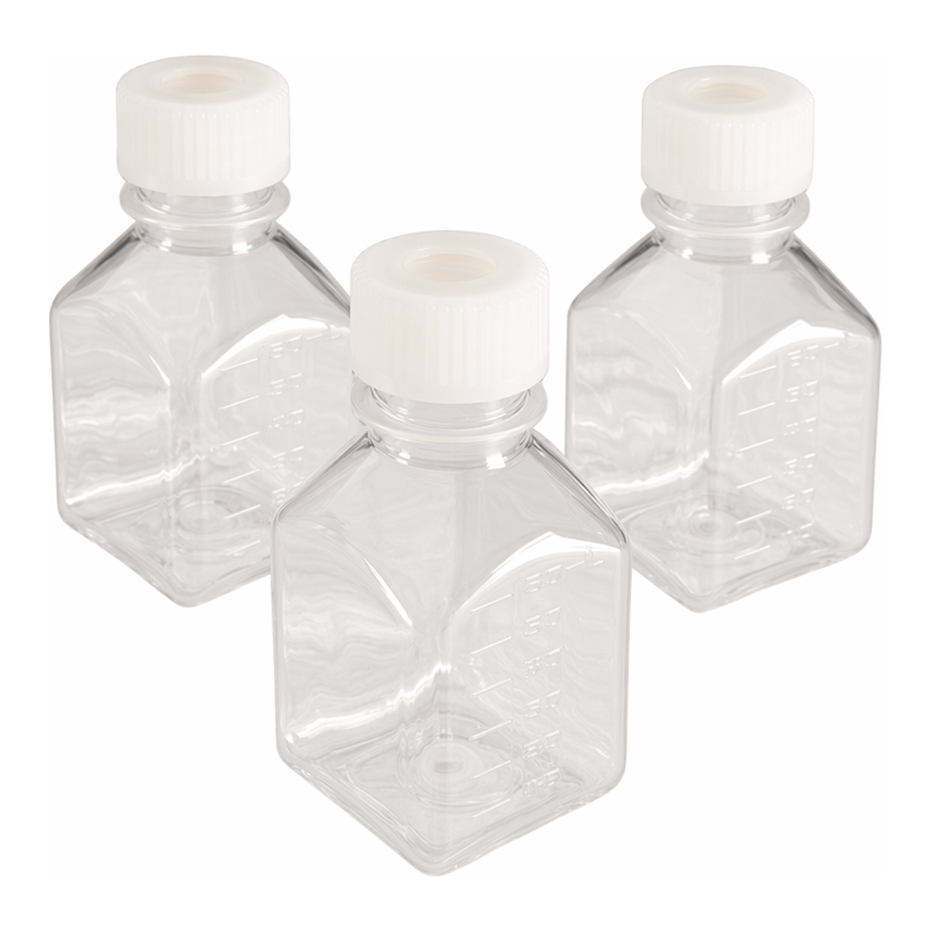 Nalgene Square PETG Media Bottle with Septum Closure: 멸균된 압착 포장 트레이