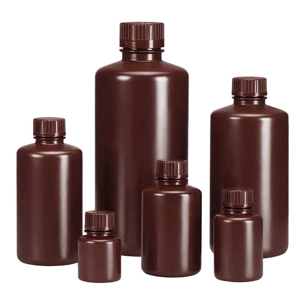 Nalgene Boston Round Narrow-Mouth Opaque Amber HDPE Bottles with Closure: Bulk Pack