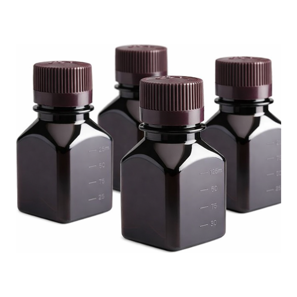 Nalgene Square Amber PETG Media Bottles with Closure: Nonsterile, Shrink-Wrapped Trays