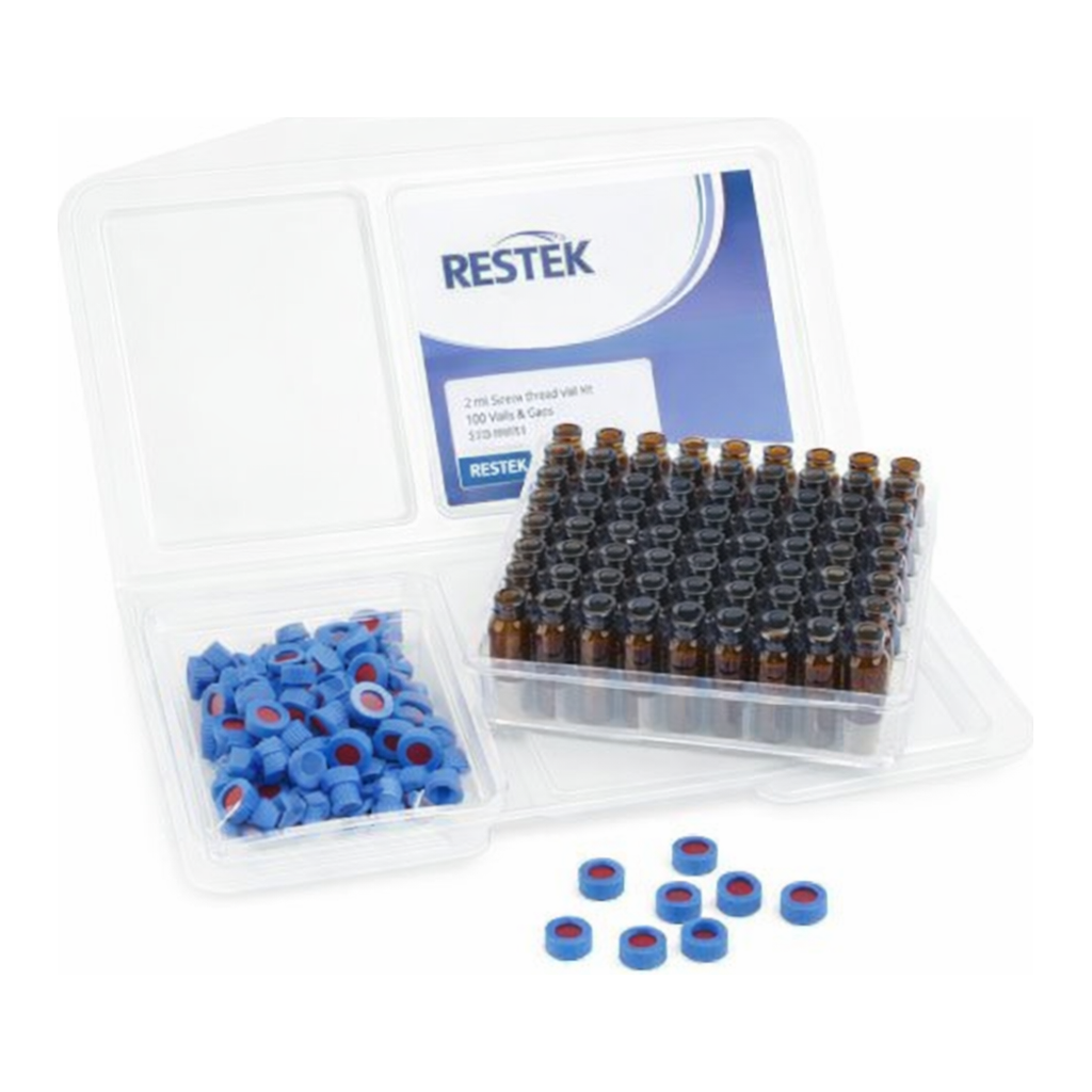 Restek 2ml Screw Thread Vial Kit, Amber w/Grad Marking Spot 9mm, Blue PTFE/Silicone Liner 100-pk