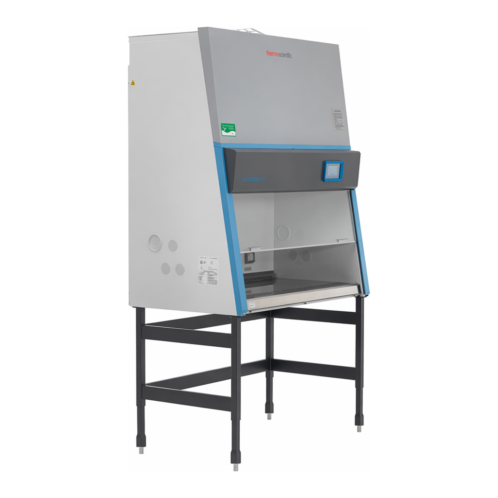Thermo Fisher Scientific 1500 Series A2 BSC; 4 ft, inc stainless steel interior, manual adjustable height stand, factory installed UV light and one set of armrests. 10in.  window, 230V. NSF certified. Korea electrical configuration.
