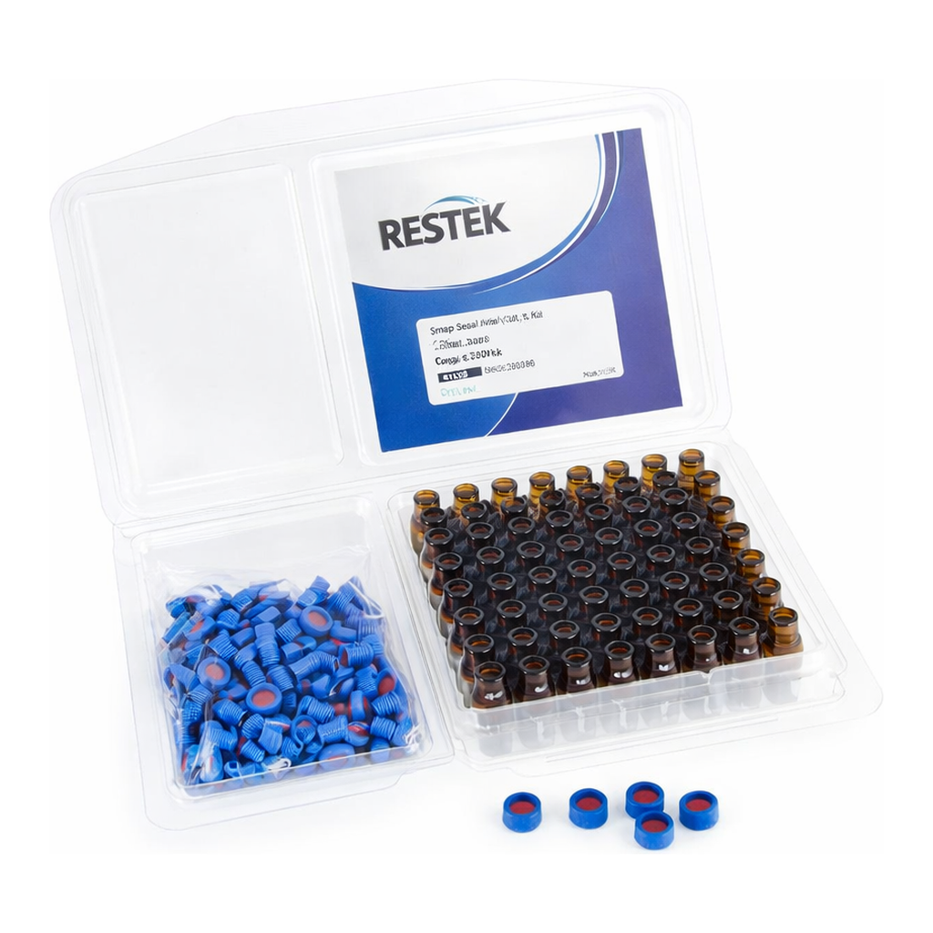 Restek 2ml Screw Thread Vial Kit, Amber w/Grad Marking Spot 9mm, Blue PTFE/Butyl Rubber Liner 100