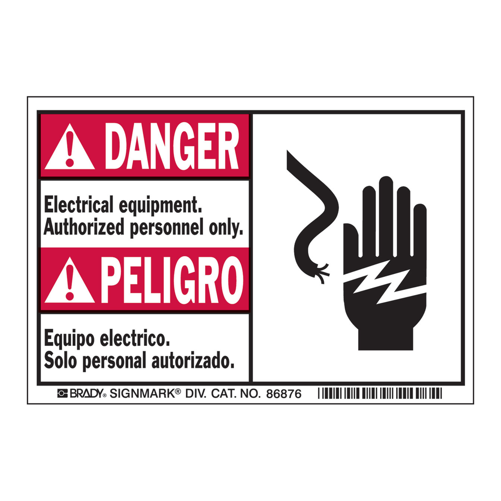 Brady Bilingual DANGER PELIGRO Electrical Equipment Authorized Personnel Only Labels