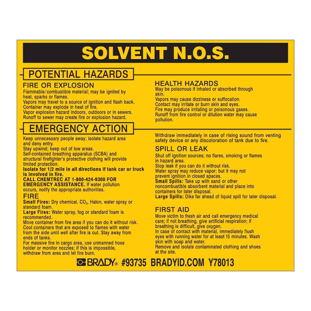 Brady SOLVENT N.O.S. Labels