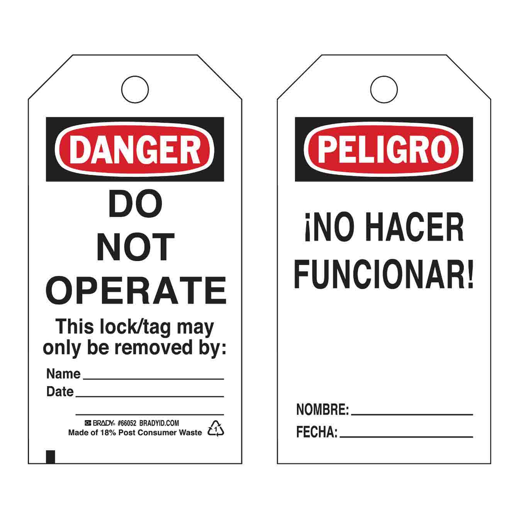 Brady Bilingual DANGER Do Not Operate Lockout Tagout Tags