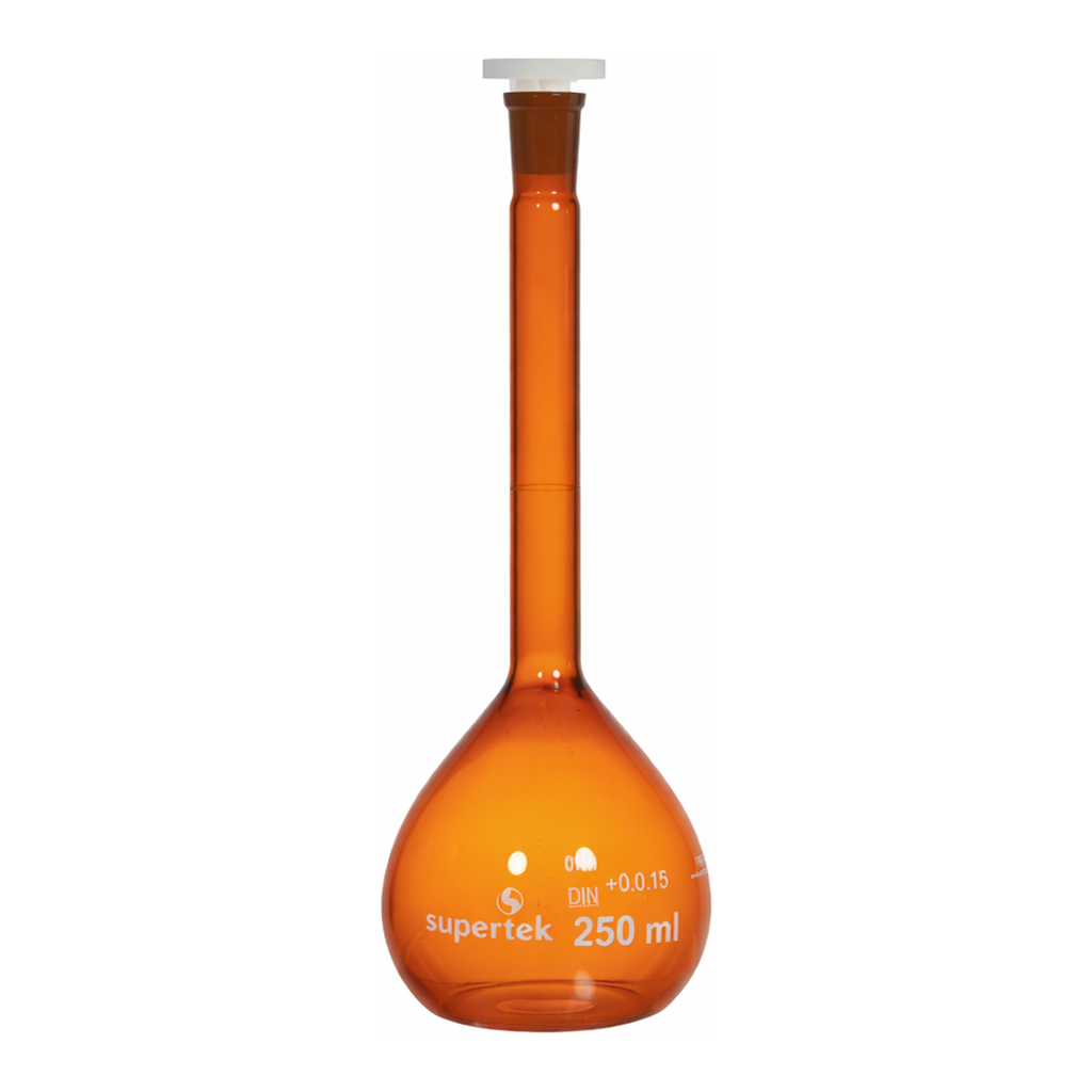Supertek Flask, Volumetric, Amber Glass, With Polypropylene Stopper, Class A (DIN)