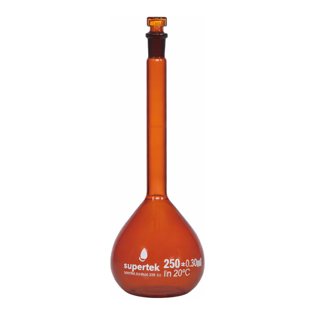 Supertek Flask, Volumetric, Amber Glass, Interchangeable Glass Stopper, Class A (DIN)