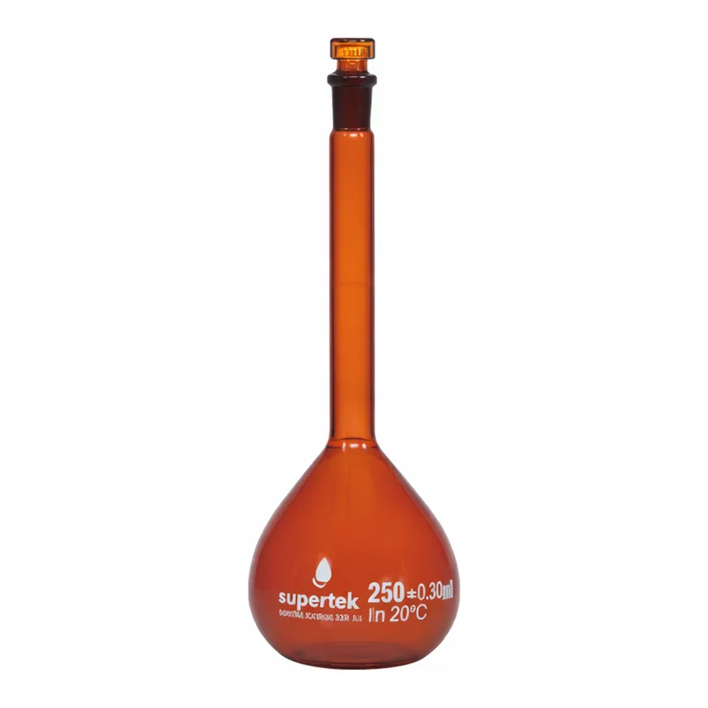Supertek Flask, Volumetric, Amber Glass, Interchangeable Glass Stopper, Class A (DIN)