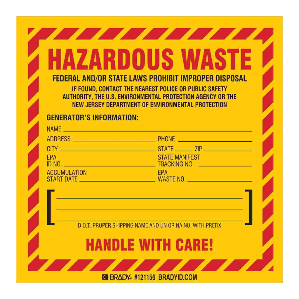Brady New Jersey Hazardous Waste Federal or State DOT Labels