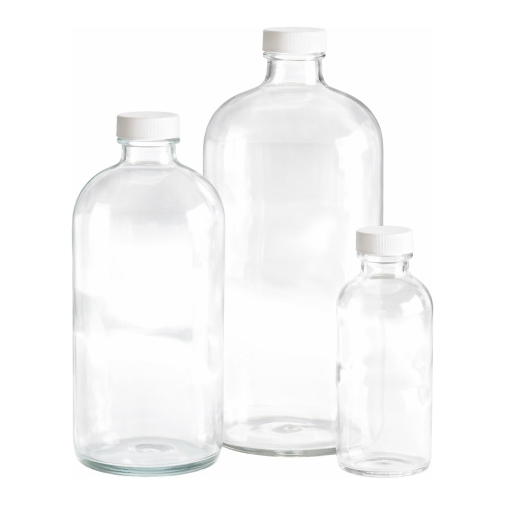 Thermo Fisher Scientific Clear Boston Round Bottles with White Polypropylene Pulp/Vinyl Cap