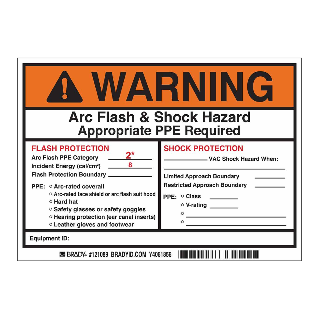 Brady Preprinted Arc Flash & Shock Labels, Hazard Category 3 (Warning)