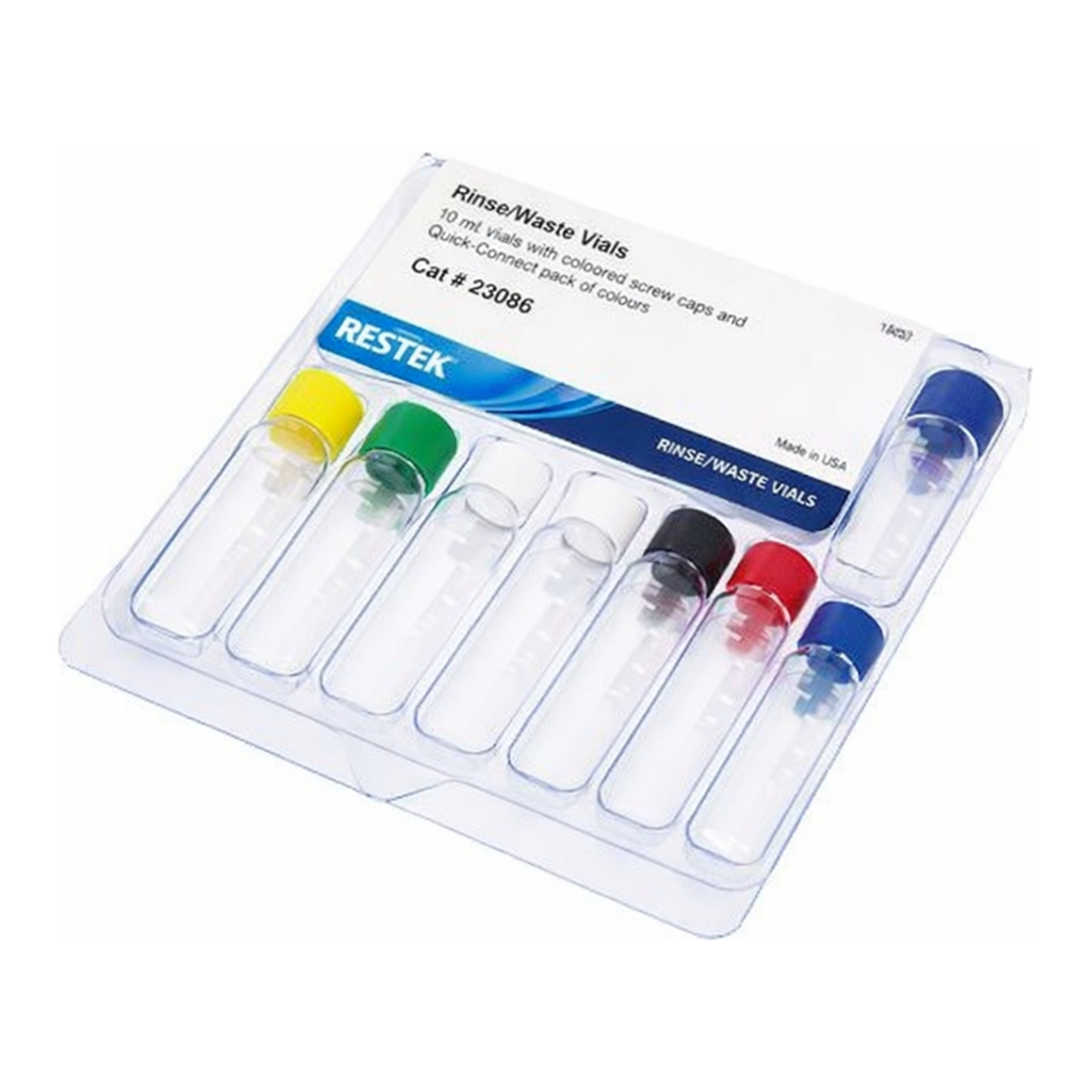 Restek Rinse/Waste Vials, 4mL w/graduated marking spots and Diffusion Caps: 2 each of 6 different
