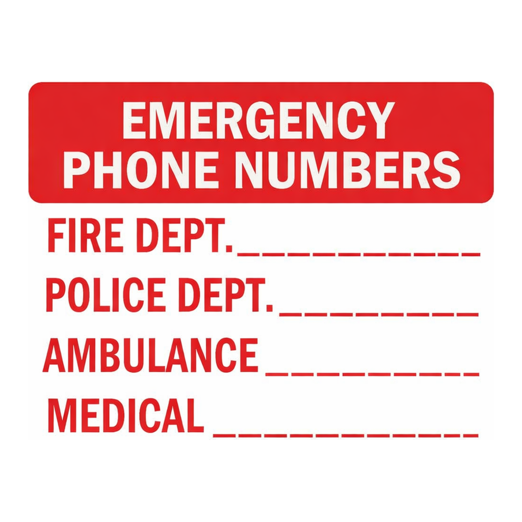 Brady BradyGlo EMERGENCY PHONE NUMBERS Fire Dept_______ Police Dept_______ Ambulance_____ Sign
