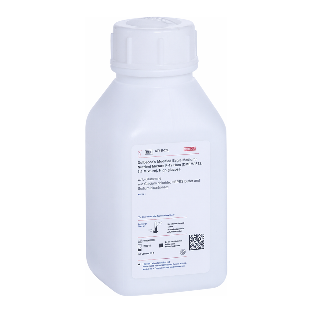 Himedia Dulbecco`s Modified Eagle Medium/ Nutrient Mixture F-12 Ham (DMEM/ F12, 3:1 Mixture), High glucose w/ L-Glutamine w/o Calcium chloride, HEPES buffer and Sodium bicarbonate