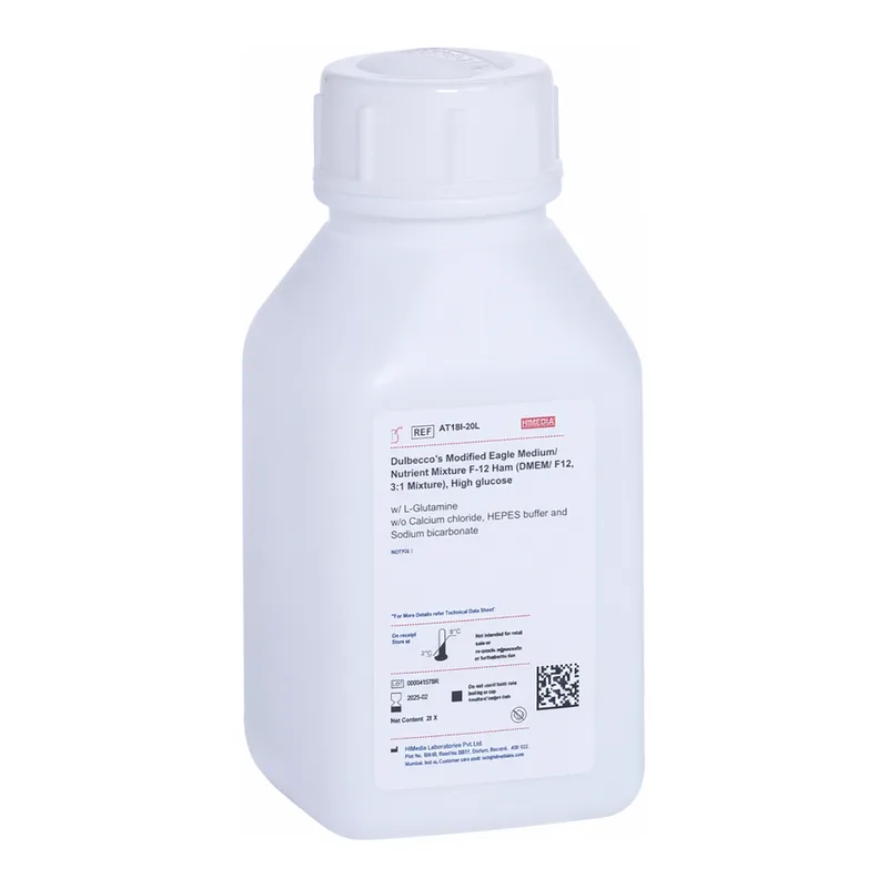 Himedia Dulbecco`s Modified Eagle Medium/ Nutrient Mixture F-12 Ham (DMEM/ F12, 3:1 Mixture), High glucose w/ L-Glutamine w/o Calcium chloride, HEPES buffer and Sodium bicarbonate