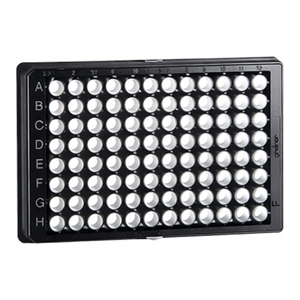 Greiner Bio One CELL CULTURE MICROPLATE, 96 WELL, PS, F-BOTTOM(CHIMNEY WELL), µCLEAR®, BLACK, CELLCOAT®, POLY-L-LYSINE, LID WITH CONDENSATION RINGS, 5 PCS./BAG