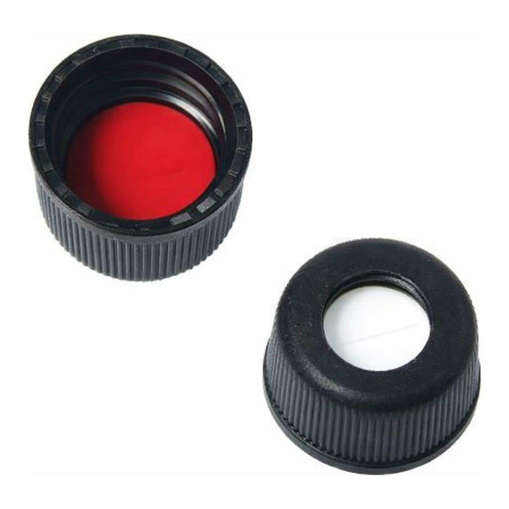 Restek Vial Cap & Septa, 8-425 Flangeless Black Open Hole Polypropylene Cap, Red PTFE/Silicone Se