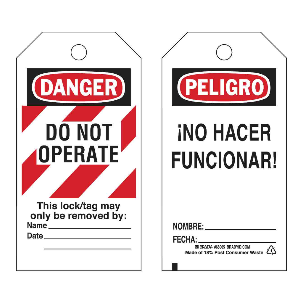 Brady Bilingual DANGER Do Not Operate Lockout Tagout Tags