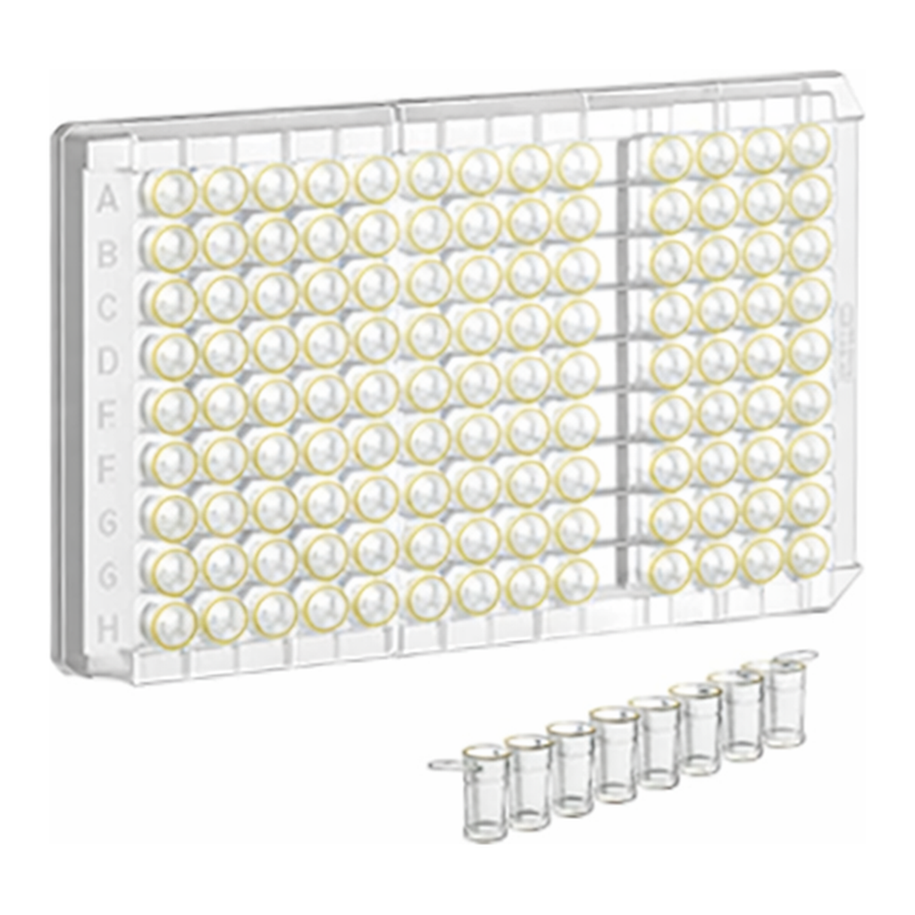 Greiner Bio One SINGLE-BREAK STRIP PLATE, 12XC8 WELL, PS,C-BOTTOM, CLEAR, MICROLON, HIGH BINDING, YELLOW COLOUR CODING ON WELL RIM, 10 PCS./BAG