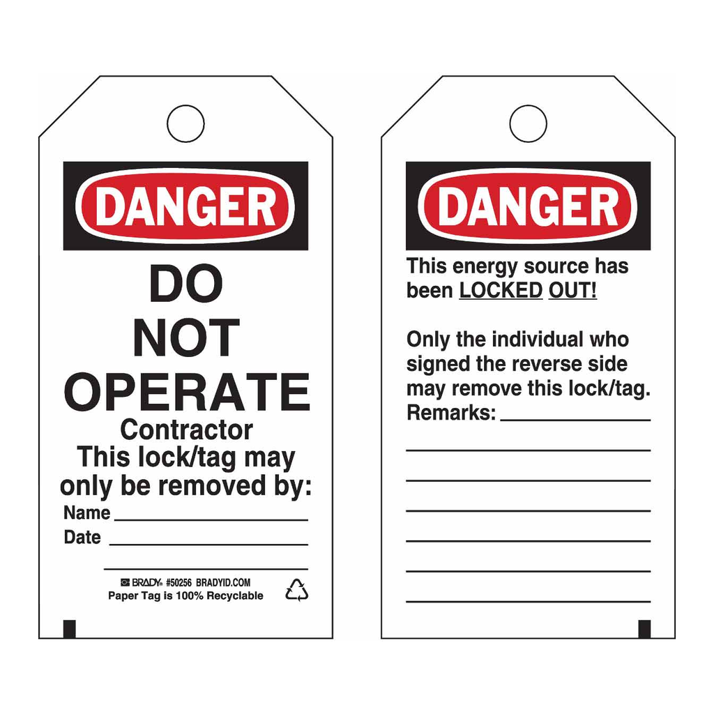 Brady DANGER Do Not Operate Contractor Lockout Tagout Tags