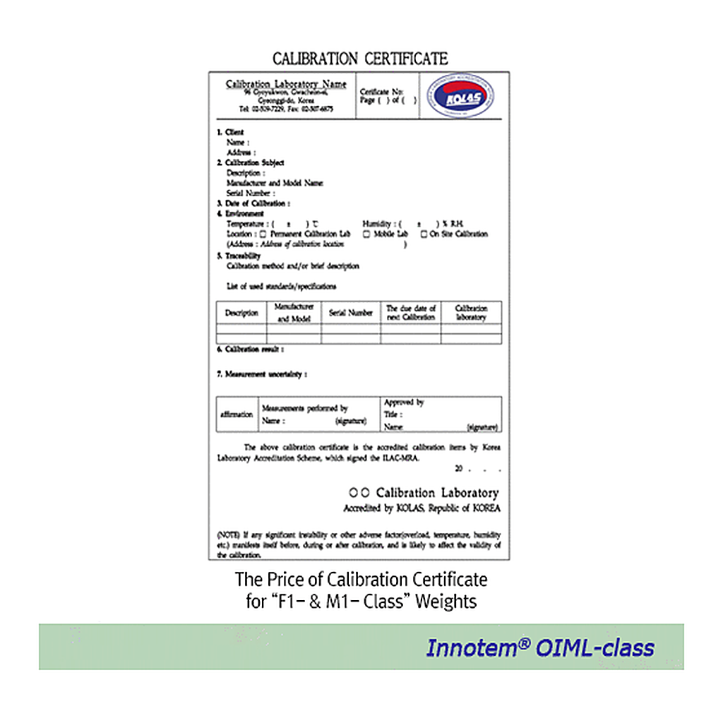 Innotem The Price of Calibration Certificate for “F1- & M1- Class” Weights