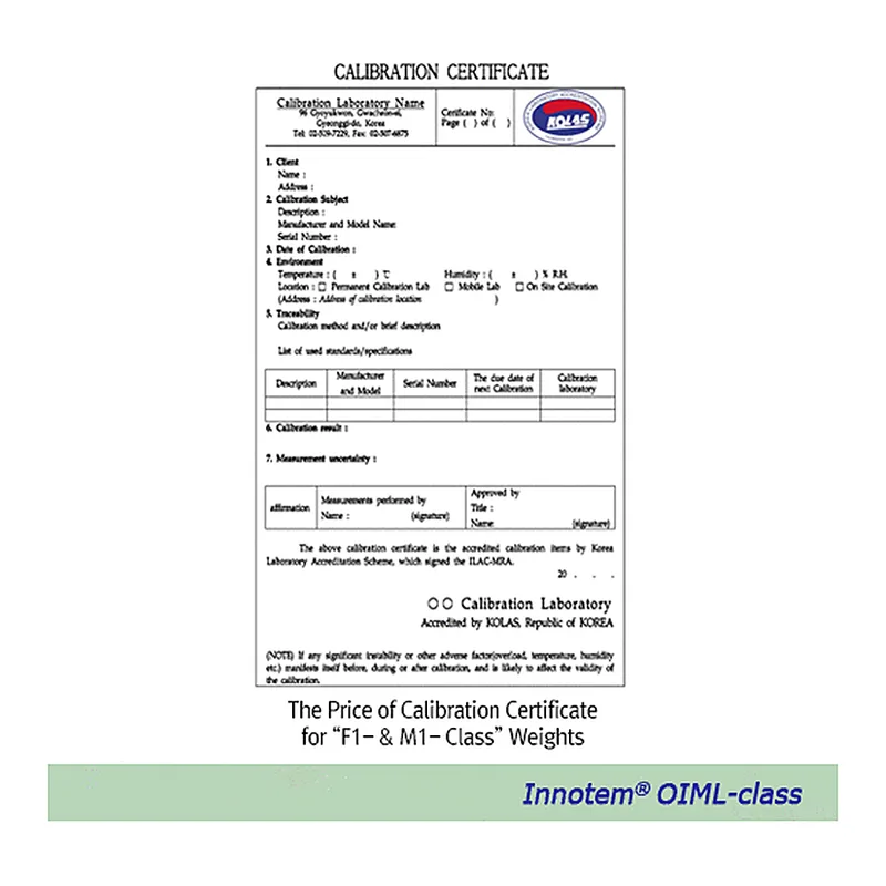 Innotem The Price of Calibration Certificate for “F1- & M1- Class” Weights
