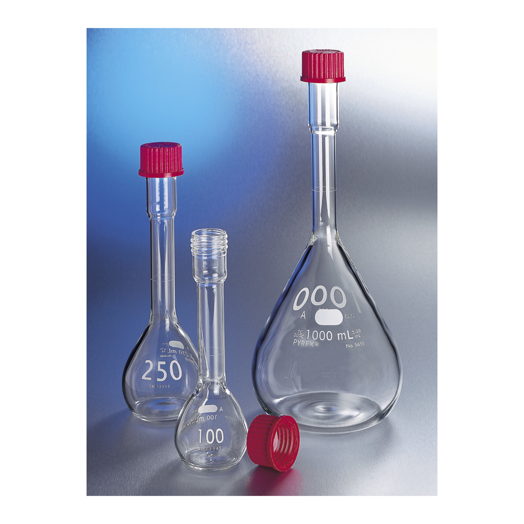 Corning PYREX Class A EZ Access Wide Mouth Volumetric Flask, Screw Cap, To Contain