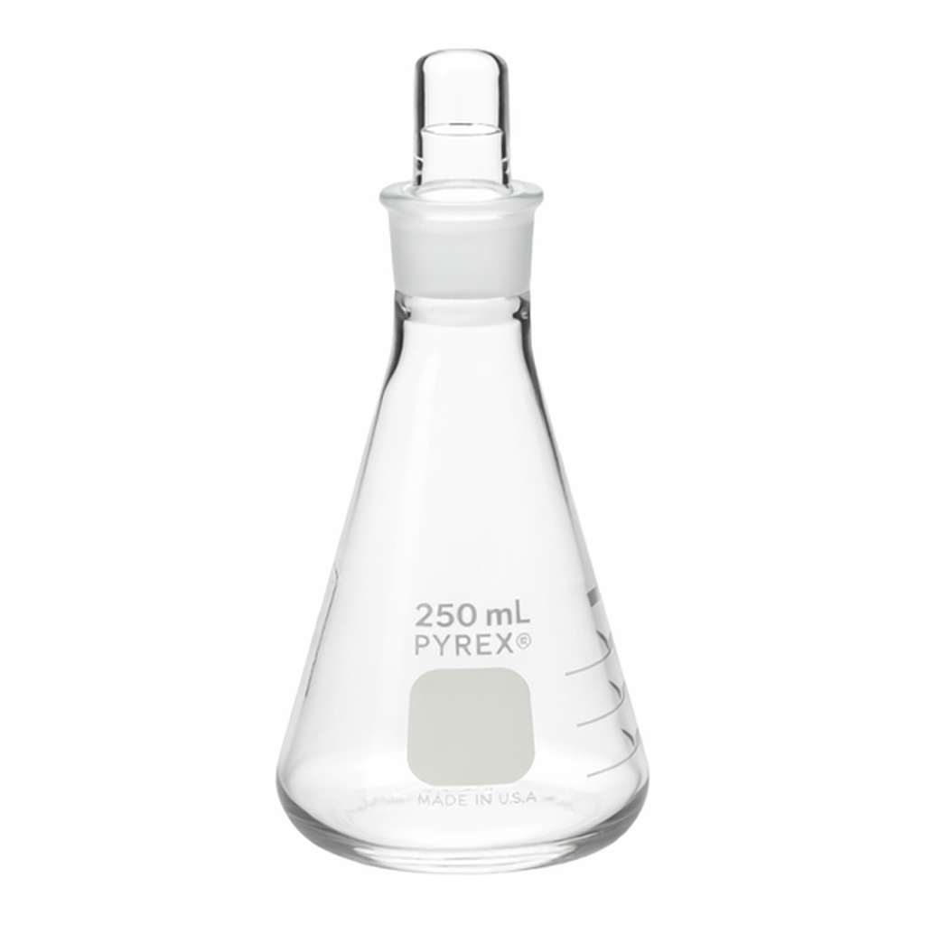 Corning PYREX Narrow Mouth Erlenmeyer Flask with PYREX Standard Taper Stopper, Graduated