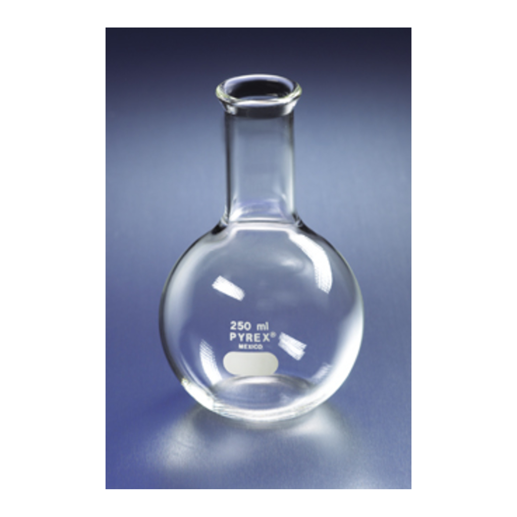 Corning PYREX Flask, Florence, Boiling, Flat Bottom, Long Neck, Tooled Mouth