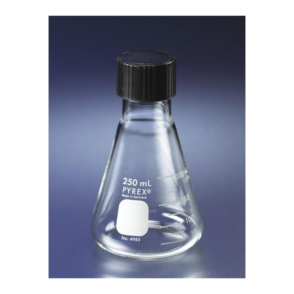 Corning PYREX Narrow Mouth Erlenmeyer Flask with Phenolic Screw Cap, Graduated