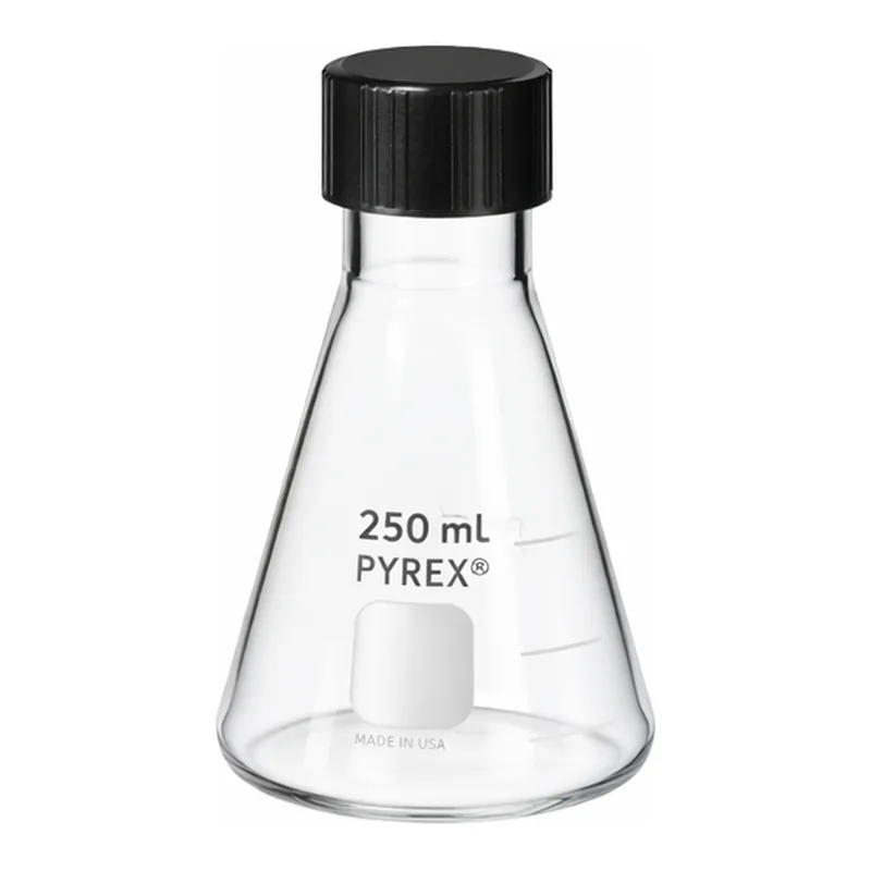 Corning PYREX Narrow Mouth Erlenmeyer Flask with Phenolic Screw Cap, Graduated