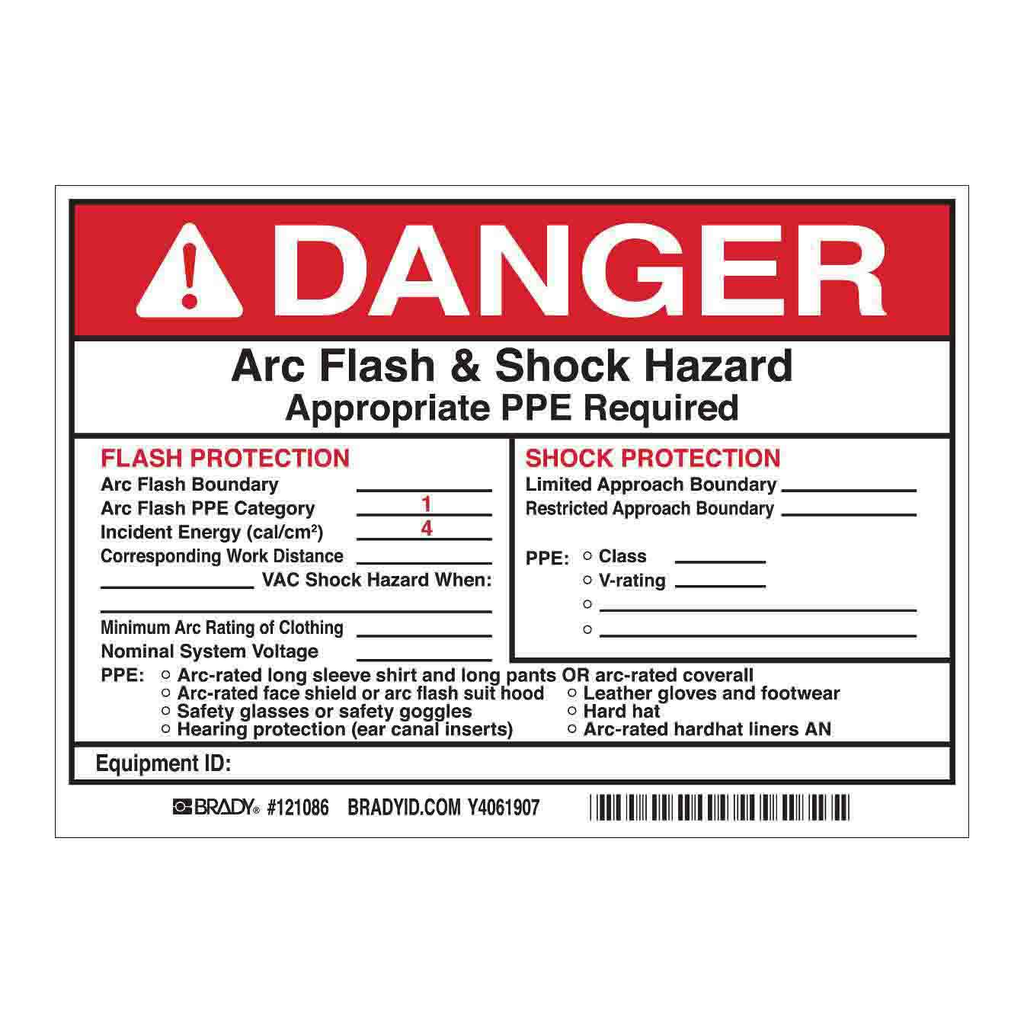 Brady DANGER Flash Protection Arc Flash Boundary Arc Flash PPE Category 1 Labels