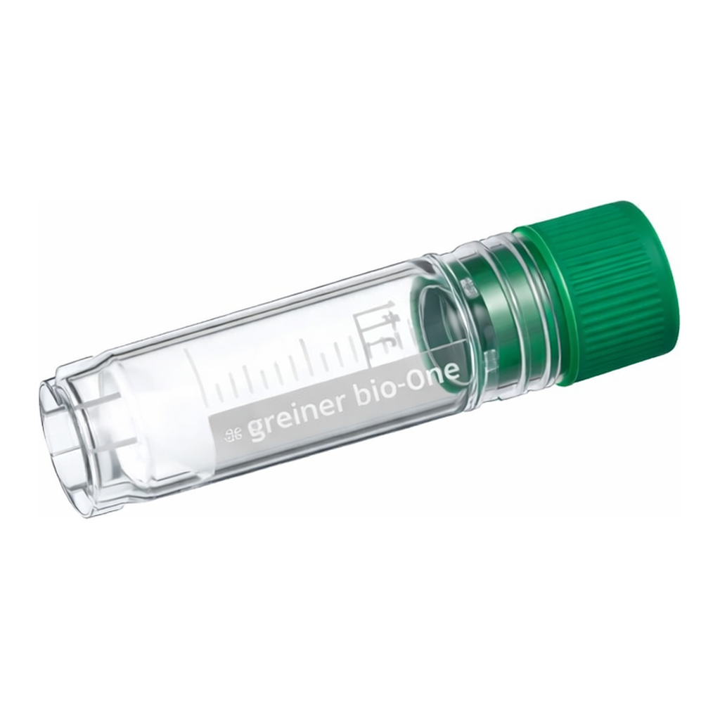 Greiner Bio One CRYO.S, 2 ML, PP, ROUND BOTTOM,INTERNAL THREAD, GREEN SCREW CAP, WRITING AREA, STARFOOT, NATURAL, STERILE, 100 PCS./BAG